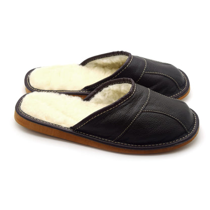 Men's Natural Leather Slippers with Warm and Cosy Fur Lining, Comfort Winter Slip On Mules (Dark Brown, Size: 11 UK / 46 EU)