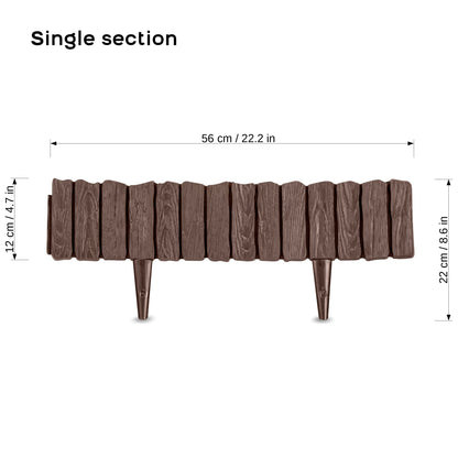 Brown Lawn Edging Border - 2.26 m / 7.4 ft Long Garden Palisade with Wood Bark Effect - Fencing with Ground Stakes