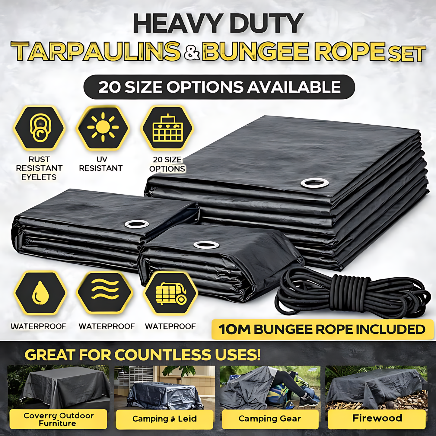 Graphite Grey Heavy Duty Tarpaulin 8 x 12 m 200 GSM Waterproof UV Resistant Poly Tarp, Eyelets, Reinforced Rope Edge, 10m Bungee