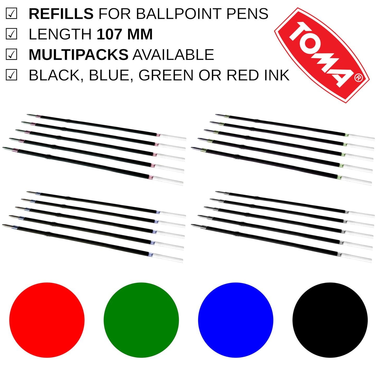 10 Pcs Ballpoint Pen Refills, Length 107 mm, Retractable Pen Refills, Smooth Writing, Smudge Free Ballpoint Pen Refills (Red)
