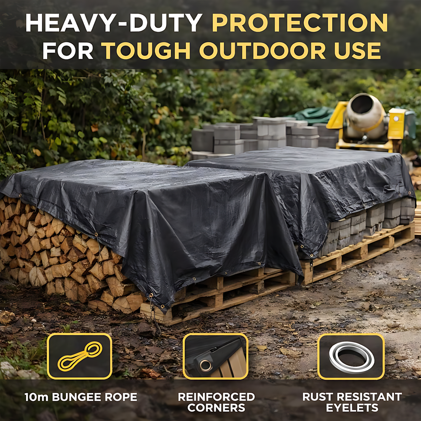 Graphite Grey Heavy Duty Tarpaulin 2 x 3 m 200 GSM Waterproof UV Resistant Poly Tarp, Eyelets, Reinforced Rope Edge, 10m Bungee