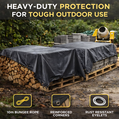 Graphite Grey Heavy Duty Tarpaulin 10 x 12 m 200 GSM Waterproof UV Resistant Poly Tarp, Eyelets, Reinforced Rope Edge, 10m Bungee