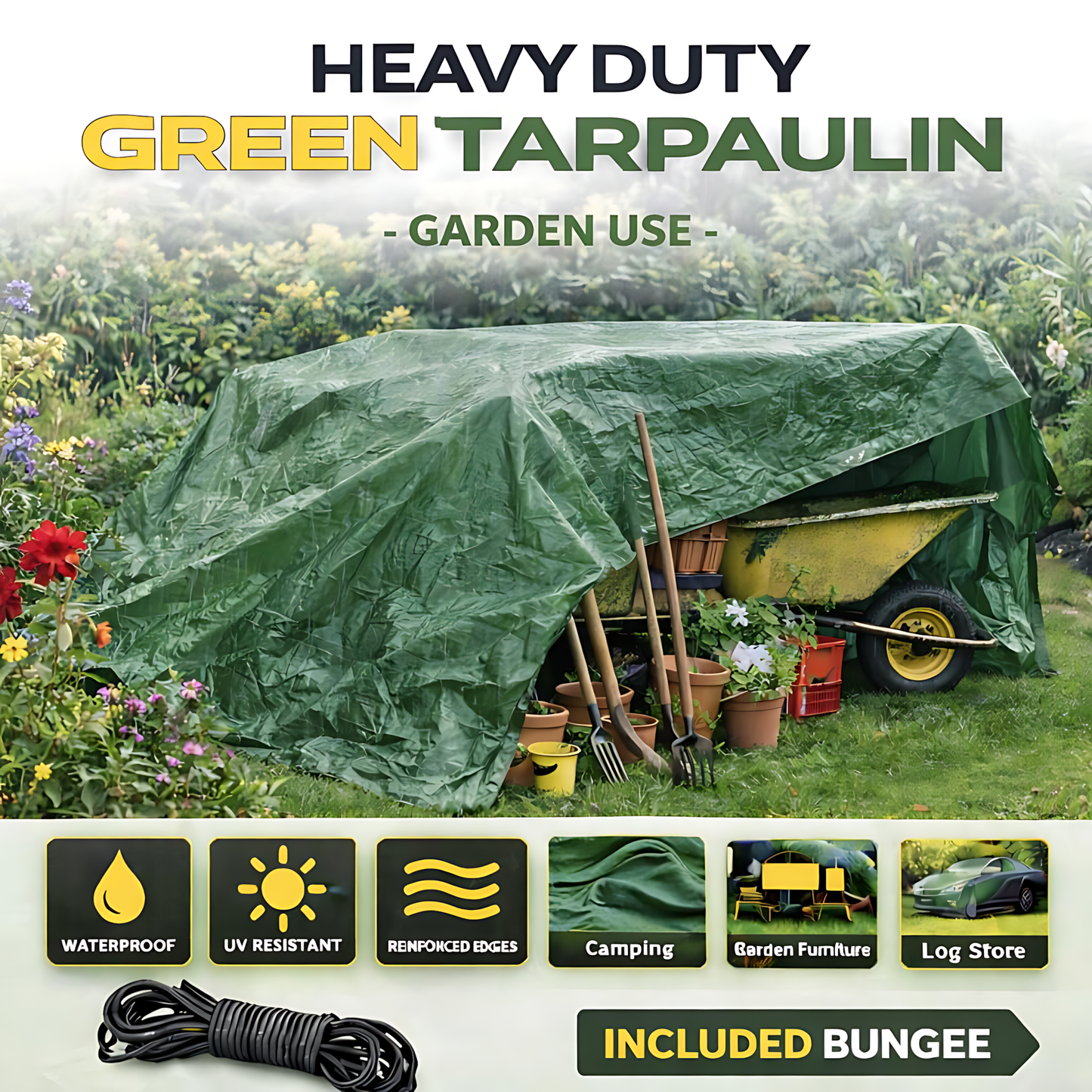 Green Tarpaulin 8 x 10 m 90 GSM Waterproof UV Resistant PE Tarp Sheet, Aluminium Eyelets, Reinforced Edges, 10m Bungee
