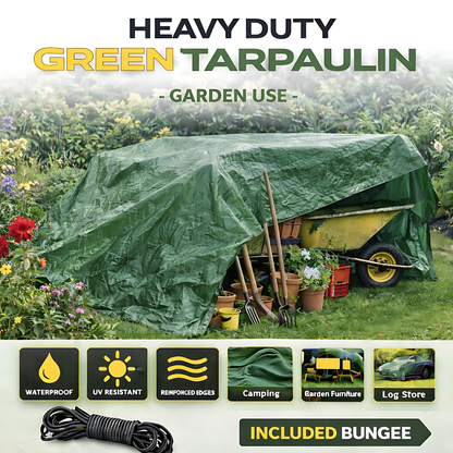 Green Tarpaulin 6 x 8 m 90 GSM Waterproof UV Resistant PE Tarp Sheet, Aluminium Eyelets, Reinforced Edges, 10m Bungee