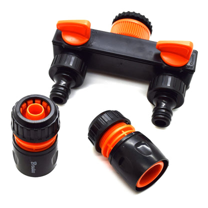 Two Way Tap Splitter for Garden Hose Pipe Irrigation System with Valves and 2 Matching 1/2" Hose Connectors