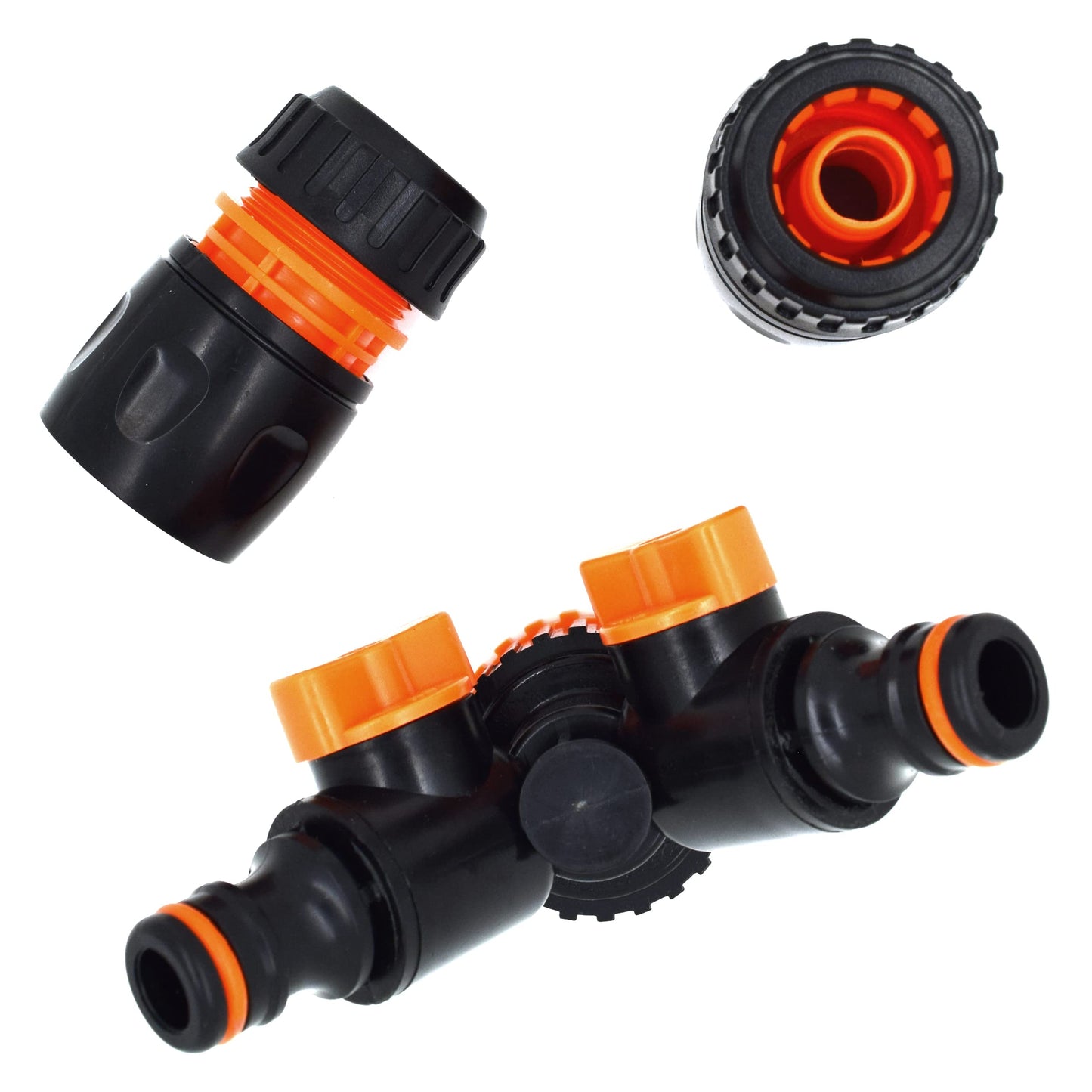 2 Way Garden Tap Connector, Garden Hose Tap Y Splitter Connector with Individual On/Off Valves & 2 Matching Quick Hose Connectors