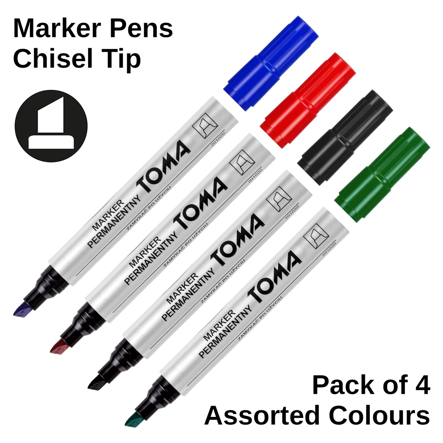 Permanent Marker Pens, Set of 4 Colours (Red, Blue, Green, Black), Fine Chisel Tip, Waterproof Markers