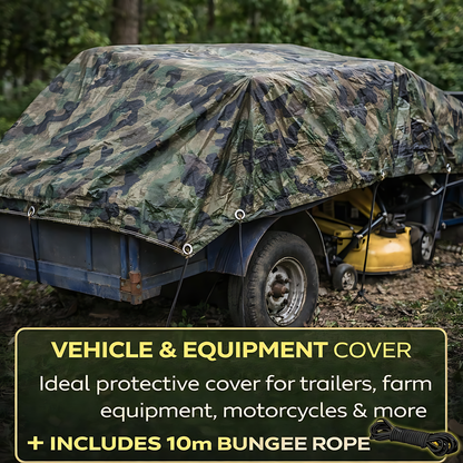 Camouflage Tarpaulin 3 x 4 m 85 GSM Waterproof UV Resistant PE Tarp Sheet, Aluminium Eyelets, Reinforced Edges, 10m Bungee