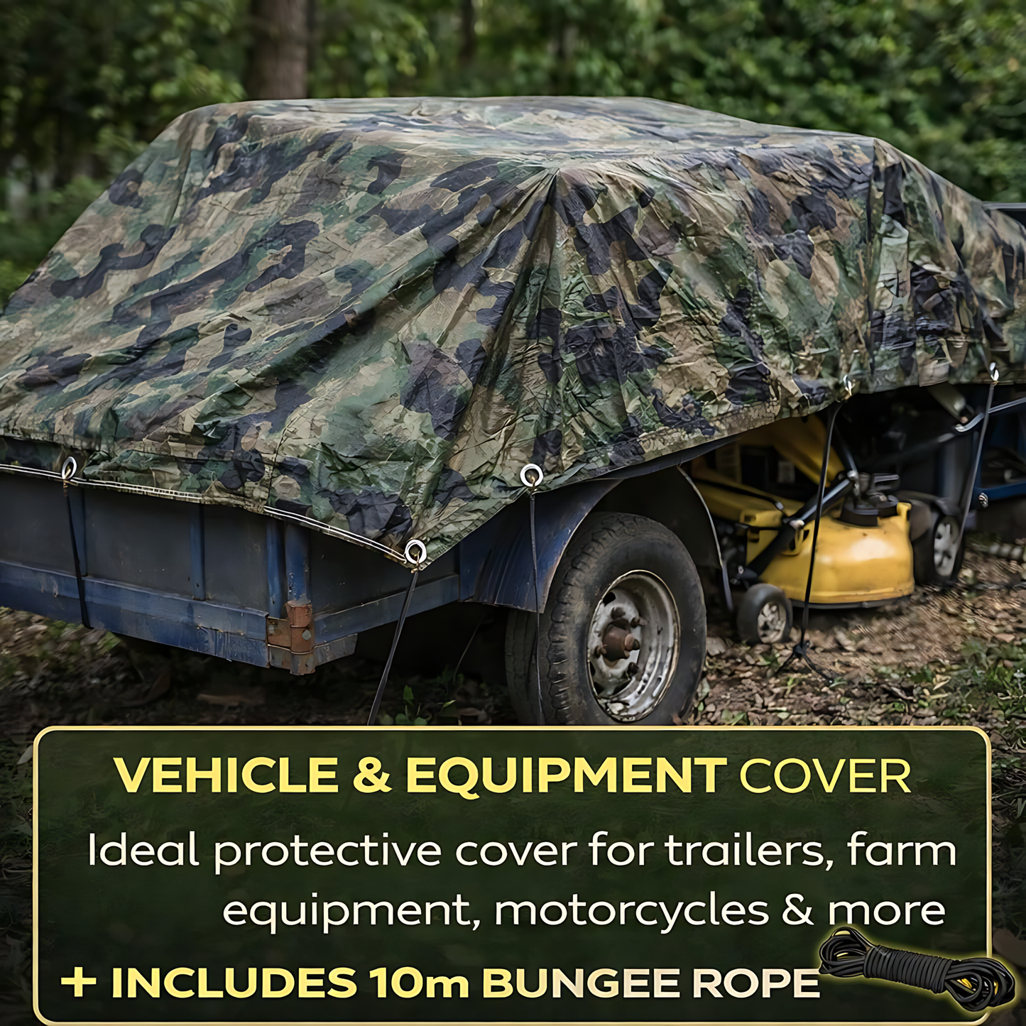 Camouflage Tarpaulin 6 x 10 m 85 GSM Waterproof UV Resistant PE Tarp Sheet, Aluminium Eyelets, Reinforced Edges, 10m Bungee