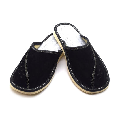 Men's Natural Suede Leather Slippers Shoes, Comfortable Slip-On Mules for Gents (Black, Size: 11 UK / 46 EU)
