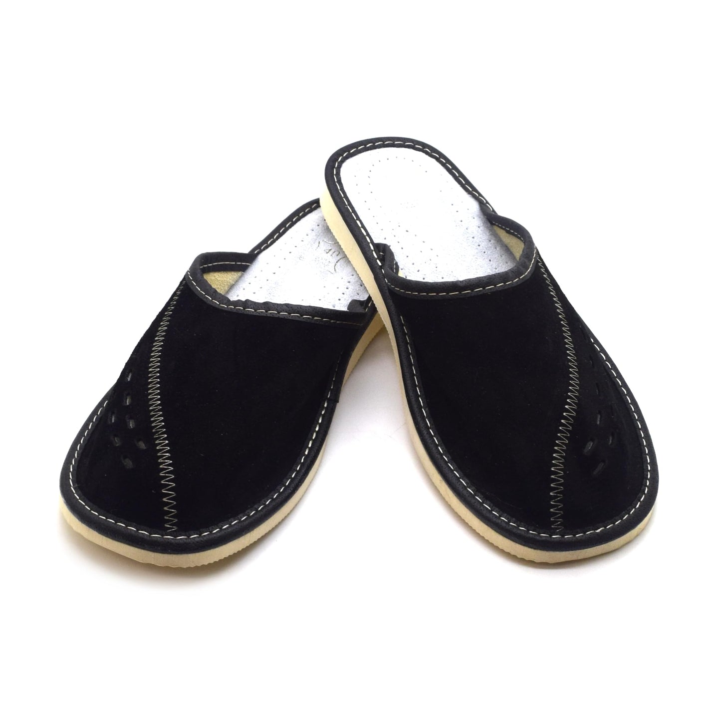 Men's Natural Suede Leather Slippers Shoes, Comfortable Slip-On Mules for Gents (Black, Size: 9.5 UK / 44 EU)