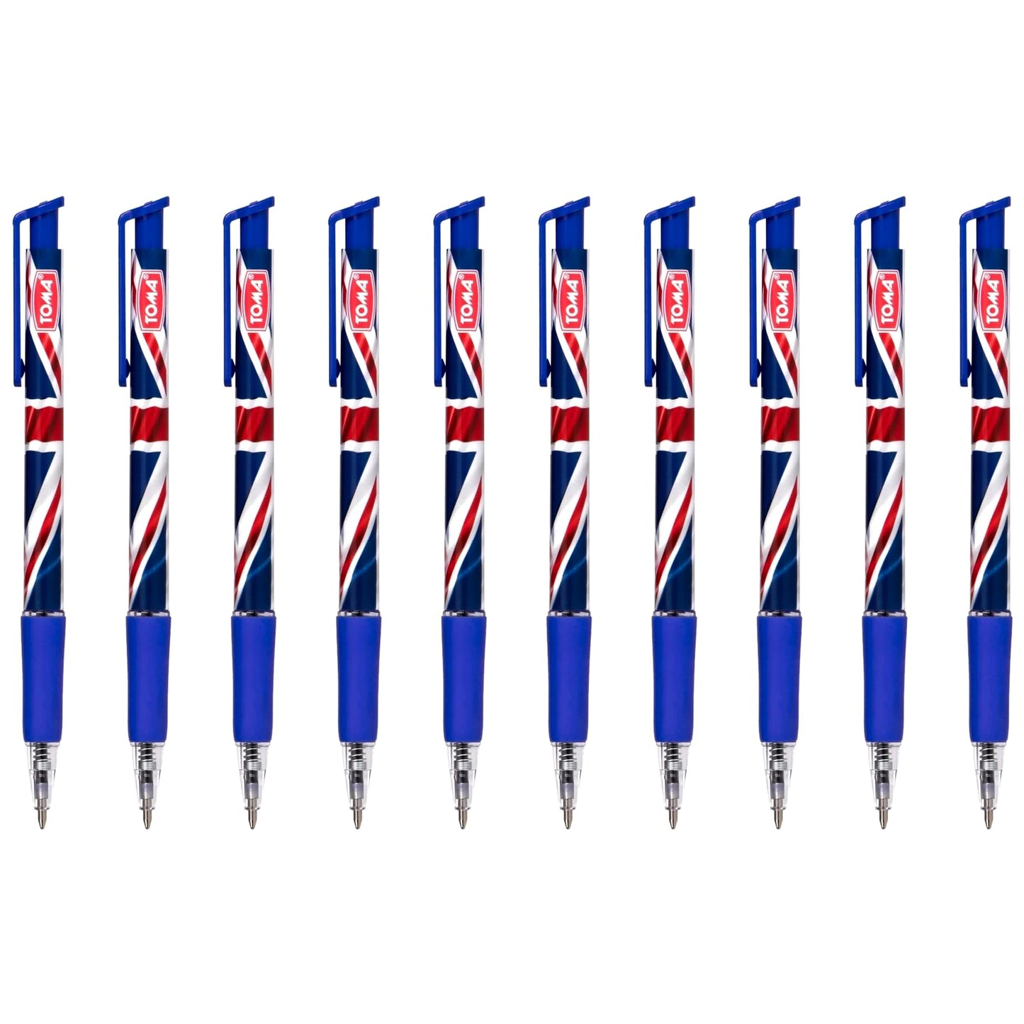Ballpoint Pens with the United Kingdom Flag / Union Jack Motive, Pack of 10, Blue Ink, Retractable Smudge Free Pens, 0.5 mm Point
