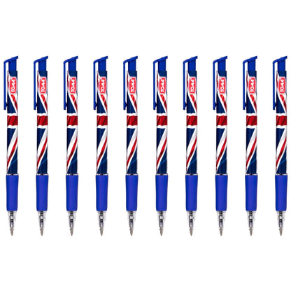 Ballpoint Pens with the United Kingdom Flag / Union Jack Motive, Pack of 10, Blue Ink, Retractable Smudge Free Pens, 0.5 mm Point