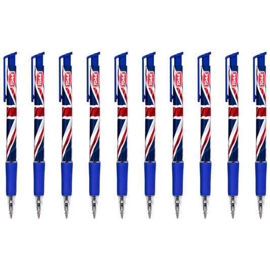 Ballpoint Pens with the United Kingdom Flag / Union Jack Motive, Pack of 10, Blue Ink, Retractable Smudge Free Pens, 0.5 mm Point