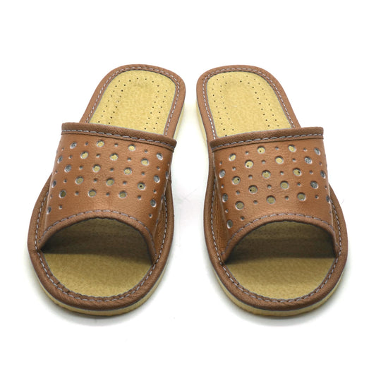 Women's Faux Leather Slippers Shoes, Open Toe Comfortable Slip-On Sandals Mules for Ladies (Brown, Size UK 4)