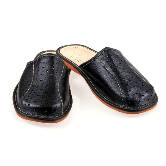 Men's Handmade Leather Slippers 100% Natural Leather (Size UK 10 / EU 44) Black