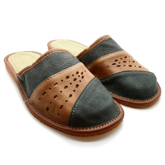 Men's Eco Leather Slippers Shoes Comfort Sandals Slip On Mules Graphite and Brown (Size UK 12 / EU 46)