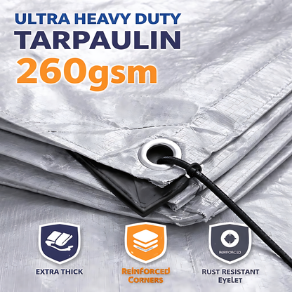 Heavy Duty Silver Tarpaulin 5 x 5 m 260 GSM Waterproof Weather Resistant Poly Tarp, Reinforced Edges & Eyelets, 10m Bungee