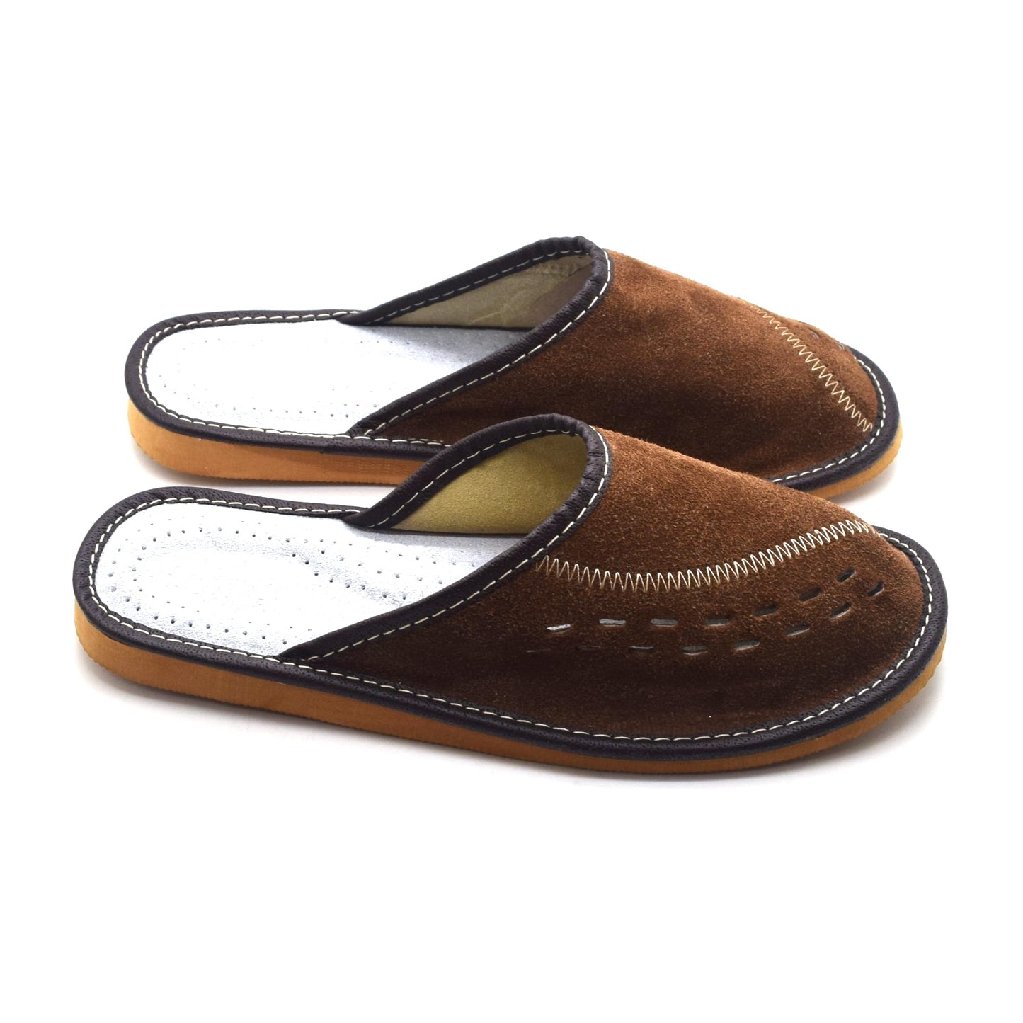 Men's Natural Suede Leather Slippers Shoes, Comfortable Slip-On Mules for Gents (Brown, Size: 6 UK / 40 EU)