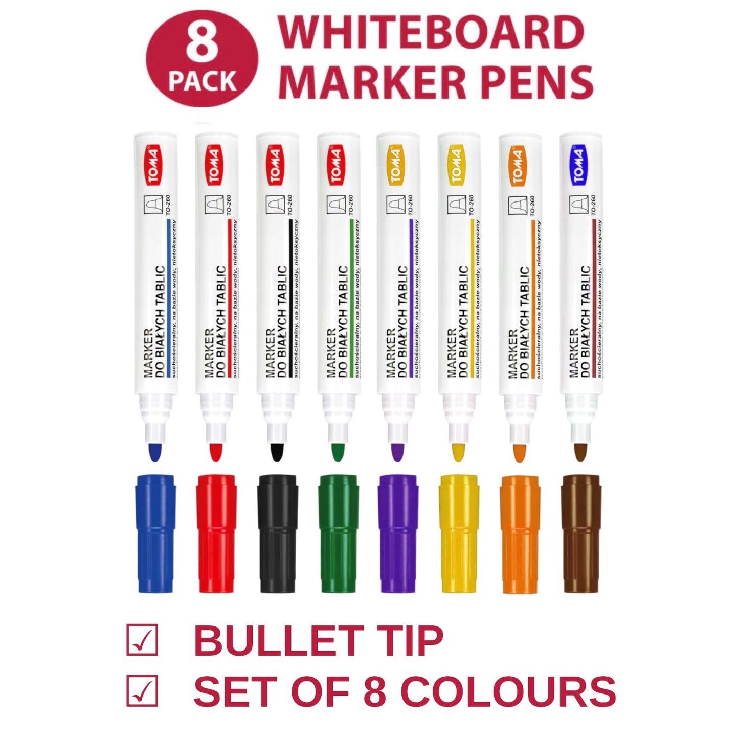 Whiteboard Marker Pens Set of 8 Colours - Dry Wipe Pens Non Toxic Low Odour - Easy Erasable White Board Markers for School Office