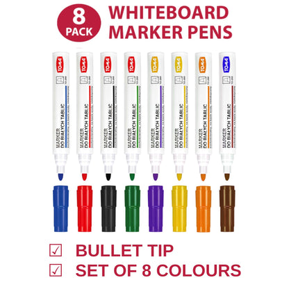 Whiteboard Marker Pens Set of 8 Colours - Dry Wipe Pens Non Toxic Low Odour - Easy Erasable White Board Markers for School Office
