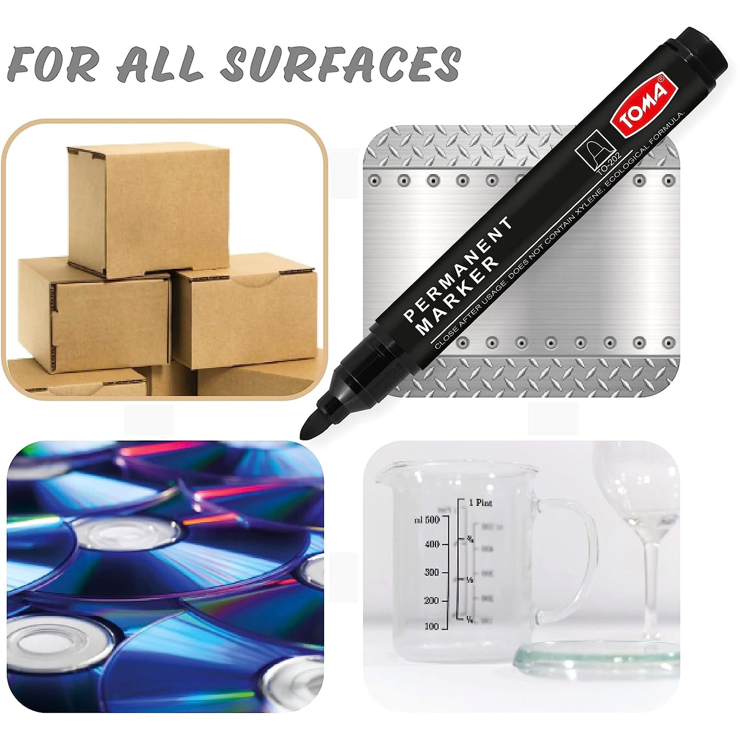 Set of 9 Permanent Marker Pens - Waterproof 2.0 mm Fibre Tip - Durable Writing Markers for Cardboard, Plastic, Metal, Glass, Wood