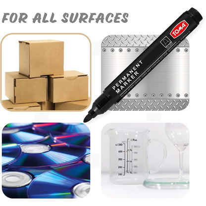 Set of 9 Permanent Marker Pens - Waterproof 2.0 mm Fibre Tip - Durable Writing Markers for Cardboard, Plastic, Metal, Glass, Wood