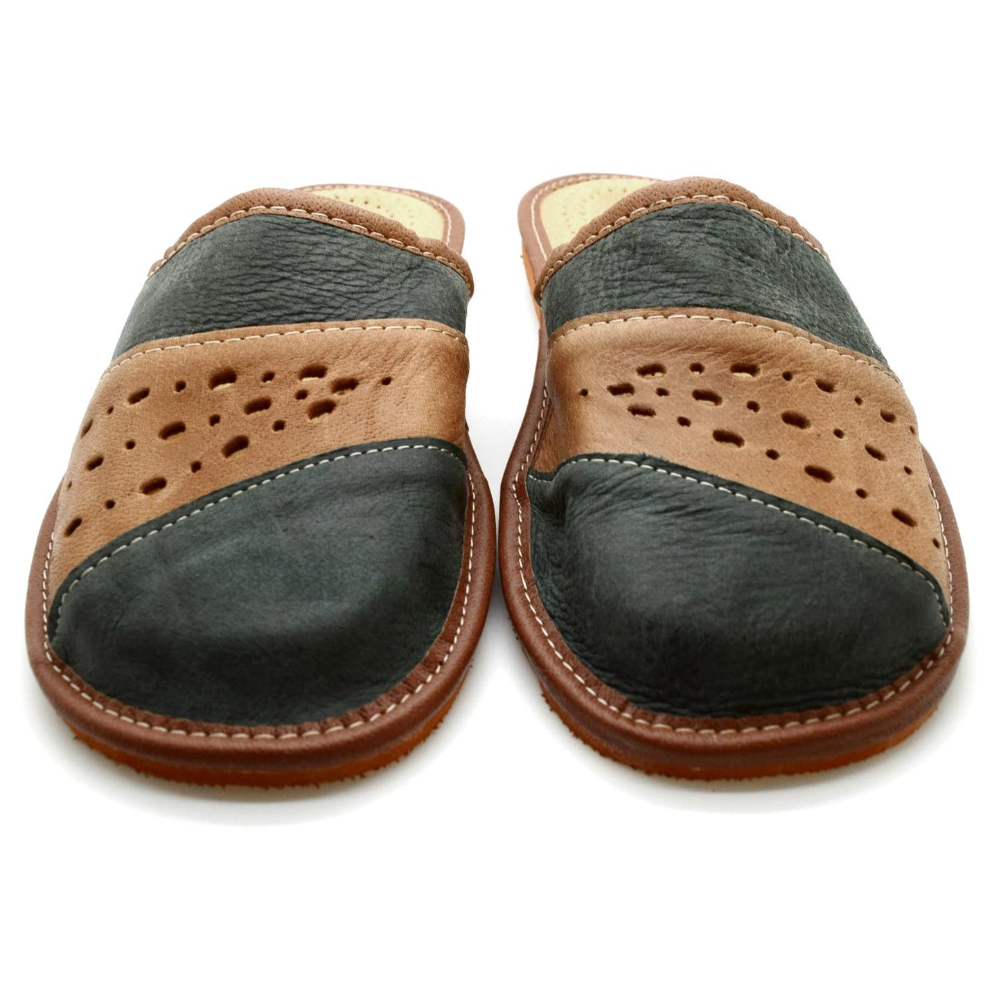 Men's Eco Leather Slippers Shoes Comfort Sandals Slip On Mules Graphite and Brown (Size UK 10 / EU 44)