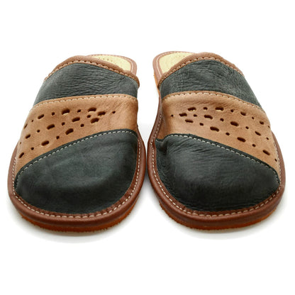 Men's Eco Leather Slippers Shoes Comfort Sandals Slip On Mules Graphite and Brown (Size UK 9 / EU 43)
