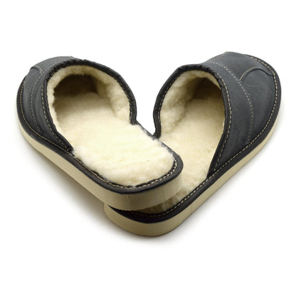 Men's Natural Leather Slippers with Warm and Cosy Fur Lining, Comfort Winter Slip On Mules (Graphite Grey, Size: 9.5 UK / 44 EU)