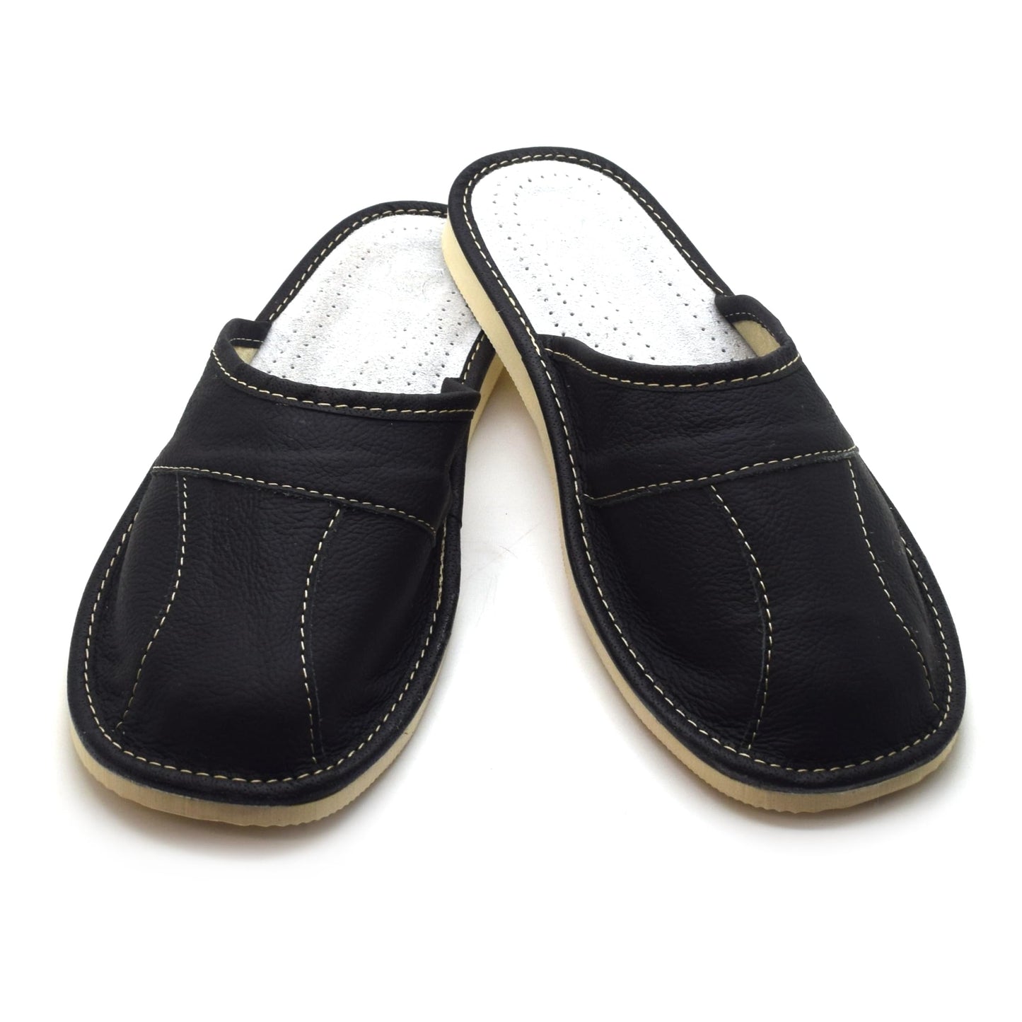 Men's Natural Leather Slippers Shoes, Closed Toe Comfortable Slip-On Sandals Mules for Gents (Black, Size: 9 UK / 43 EU)