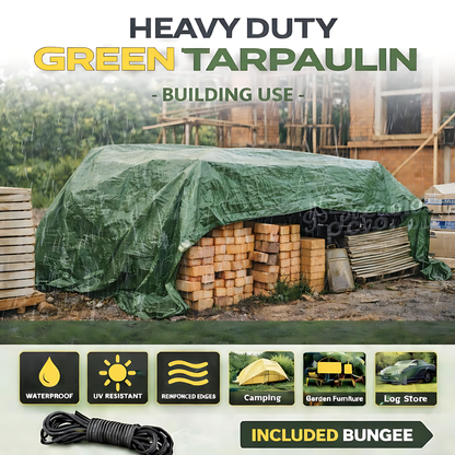 Green Tarpaulin 1.5 x 2 m 90 GSM Waterproof UV Resistant PE Tarp Sheet, Aluminium Eyelets, Reinforced Edges, 10m Bungee