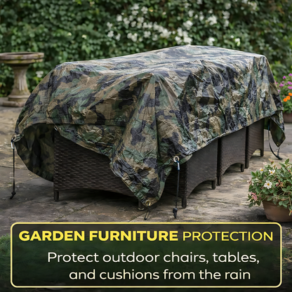 Camouflage Tarpaulin 3 x 4 m 85 GSM Waterproof UV Resistant PE Tarp Sheet, Aluminium Eyelets, Reinforced Edges, 10m Bungee