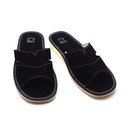 Men's Natural Suede Leather Slippers Shoes, Open Toe Comfortable Slip-On Sandals Mules for Gents (Black, Size: 8 UK / 42 EU)