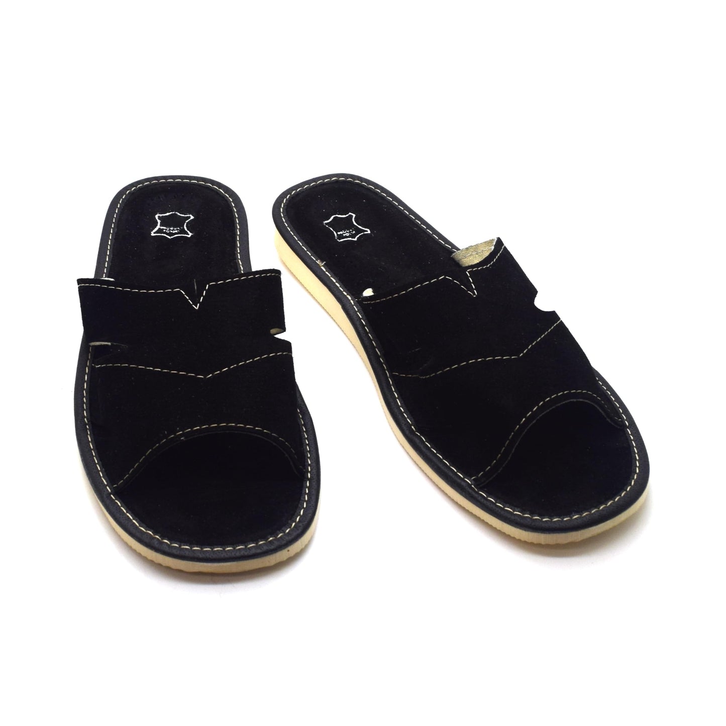 Men's Natural Suede Leather Slippers Shoes, Open Toe Comfortable Slip-On Sandals Mules for Gents (Black, Size: 9 UK / 43 EU)