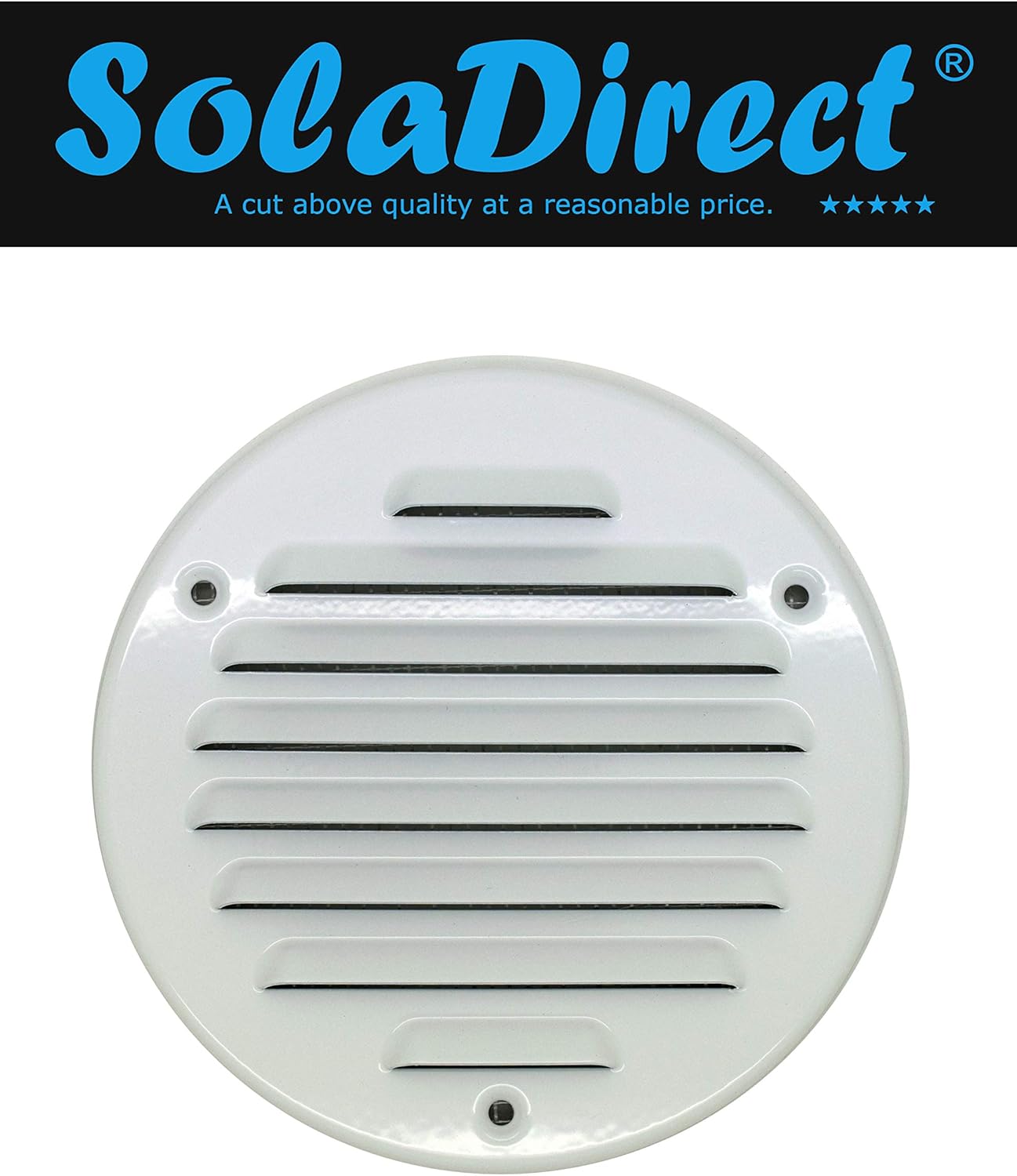 White Louvred Wall Vent Grille with Flyscreen, Fits 125 mm / 5 in Ducts, Round Ventilation Grille with Flat Back