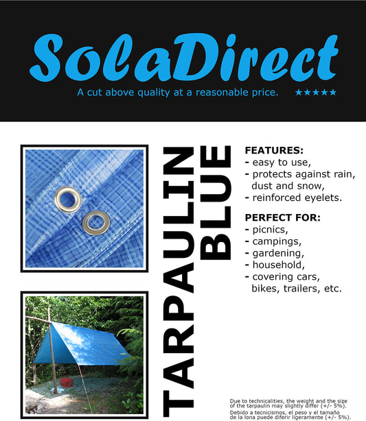 8 x 12 m Tarpaulin Waterproof Cover Ground Sheet Camping with 4 Tarp Clips + 10m / 30ft Bungee Cord (Blue - 55GSM)
