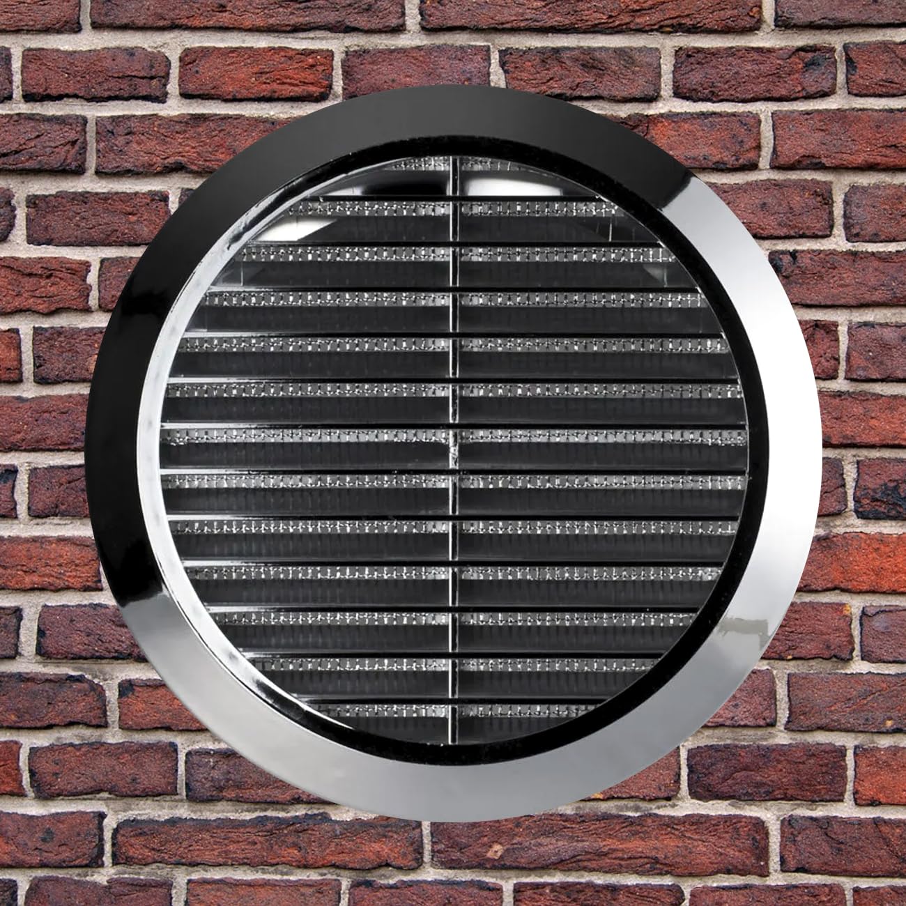 Chrome Louvred Wall Vent Grille with Flyscreen for 125 mm / 5" Round Wall Outlet - Air Ventilation Duct Cover with Flange