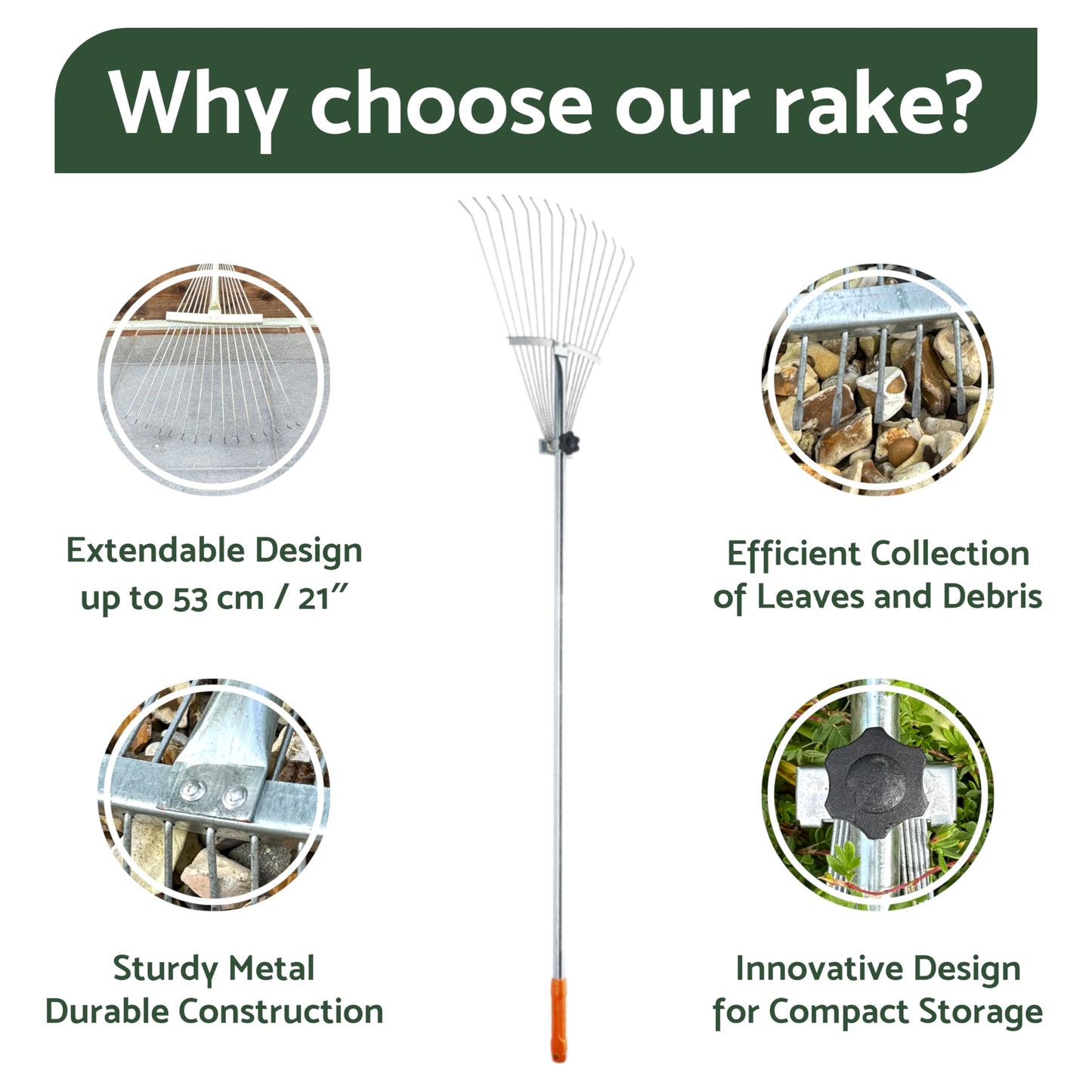 Garden Rake Adjustable Expandable Garden Leaf Lawn Rake for Gardening - Perfect for Lawn, Leaves, Moss Removal, Garden Cleanup