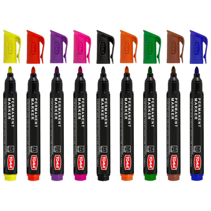 Set of 9 Permanent Marker Pens - Waterproof 2.0 mm Fibre Tip - Durable Writing Markers for Cardboard, Plastic, Metal, Glass, Wood