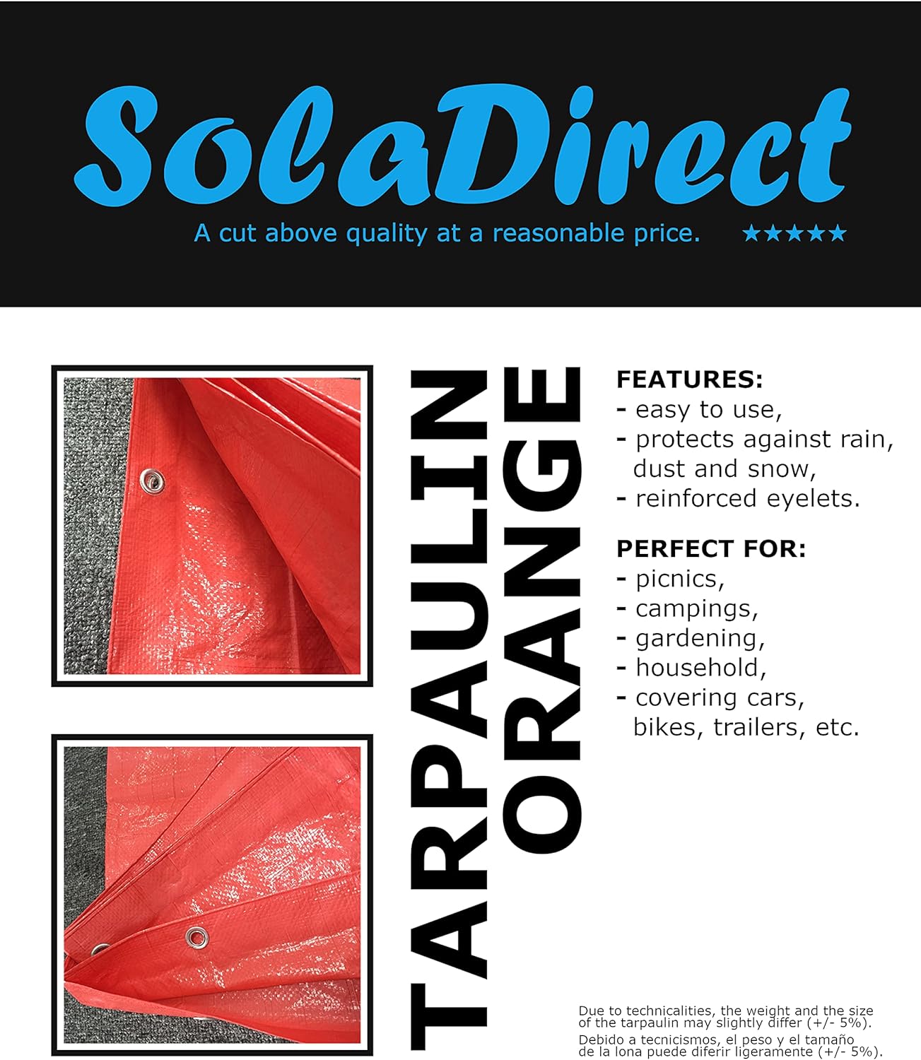 5 x 6 m Tarpaulin Cover - Orange 90GSM - Waterproof, Frost-Resistant, UV Protection, Multipurpose, Groundsheet