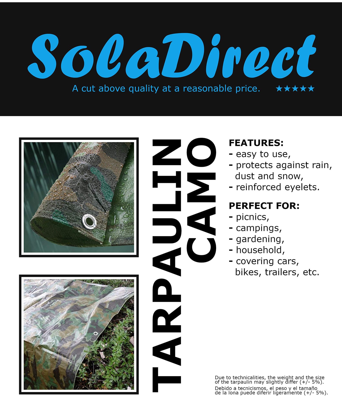 2 x 2 m Tarpaulin Waterproof Heavy Duty Cover Ground Sheet Camping with 4 Tarp Clips + 10m / 30ft Bungee Cord (Camo/Army - 90GSM)