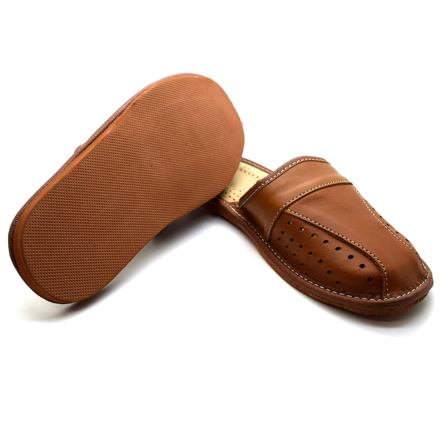 Men's Natural Leather Slippers Shoes, Closed Toe Comfortable Slip-On Sandals Mules for Gents (Brown, Size: 11 UK / 46 EU)