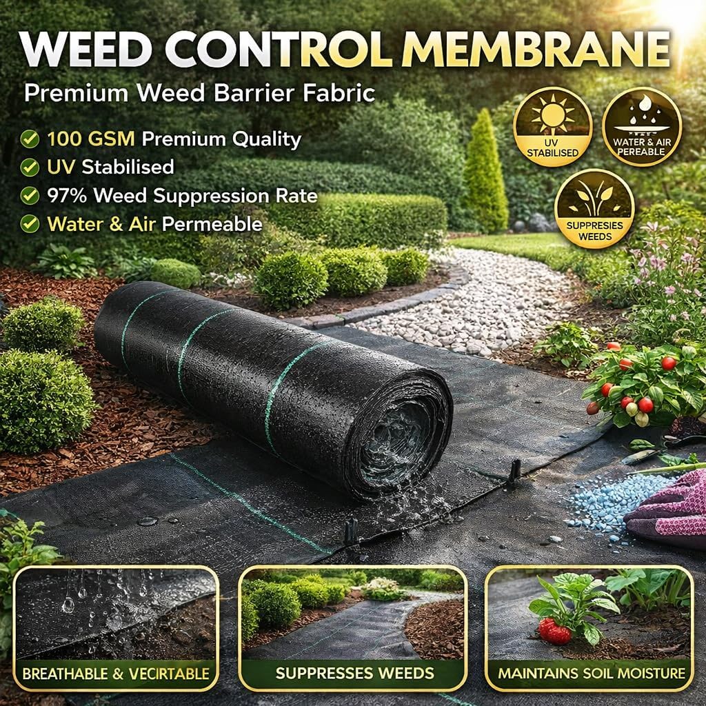 1.5 x 25 m / 4.9 x 82.0 ft Weed Control Membrane, Weed Control Woven Fabric, Ground Cover Sheet, 100 GSM, UV Stabilised