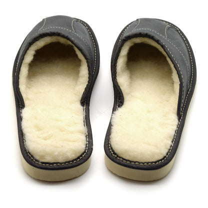 Men's Natural Leather Slippers with Warm and Cosy Fur Lining, Comfort Winter Slip On Mules (Graphite Grey, Size: 11 UK / 46 EU)