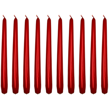 Tapered Dinner Candles, Pack of 10, Unscented, Long Burning Time, 24 cm / 19.45" (Red, Metallic)