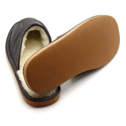 Men's Natural Leather Slippers with Warm and Cosy Fur Lining, Comfort Winter Slip On Mules (Dark Brown, Size: 7 UK / 41 EU)