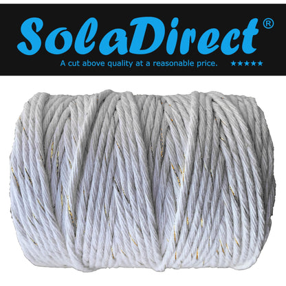 Macrame Cord Twine Natural Cotton String Craft Artisan Thread Twisted Macramé (White with Gold Thread, 3 mm x 100 m / 328 ft)