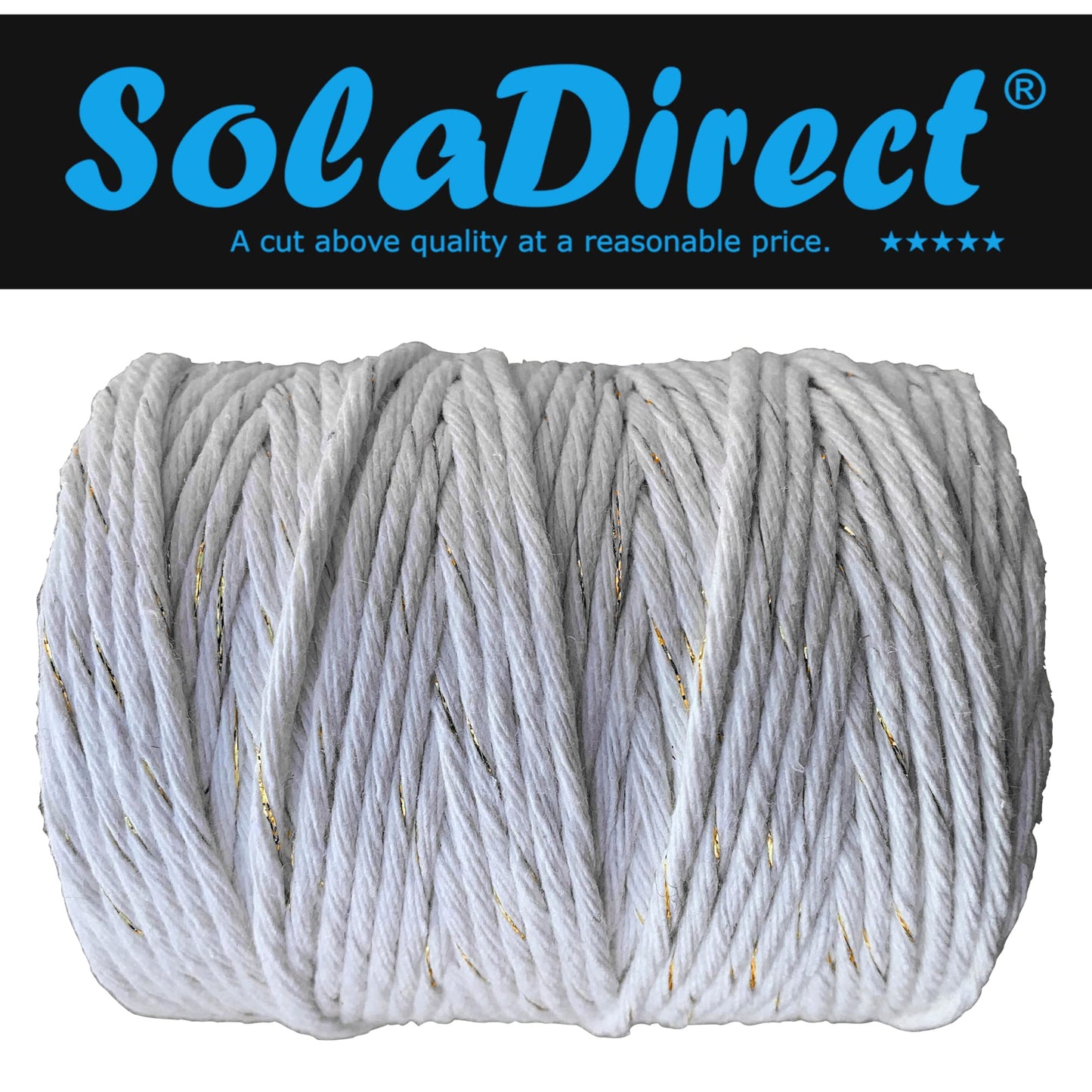 Macrame Cord Twine Natural Cotton String Craft Artisan Thread Twisted Macramé (White with Gold Thread, 5 mm x 100 m / 328 ft)