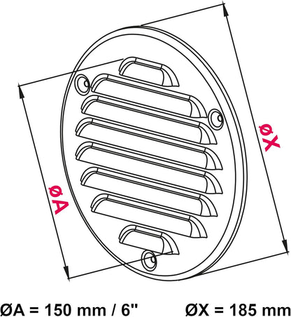 Brown Louvred Wall Vent Grille with Flyscreen, Fits 150 mm / 6 in Ducts, Round Ventilation Grille with Flat Back
